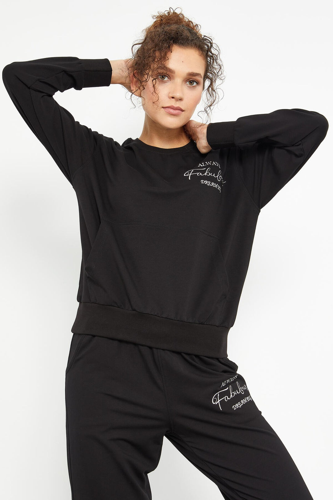 TMY Black Round Neck Embroidered Women's Oversized Tracksuit - 95300 - Santa Cruz