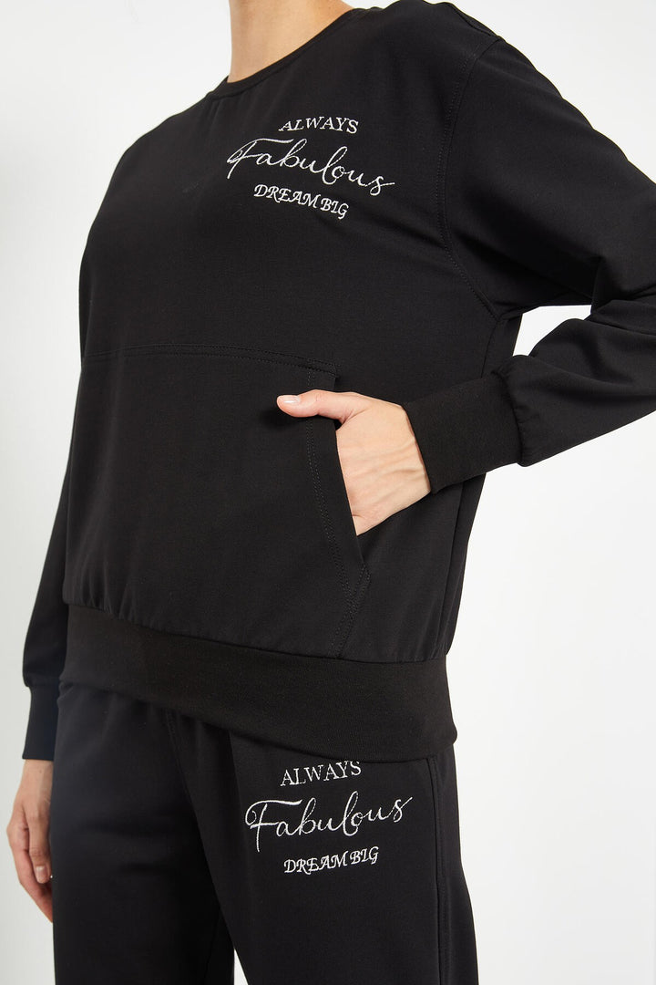 TMY Black Round Neck Embroidered Women's Oversized Tracksuit - 95300 - Santa Cruz