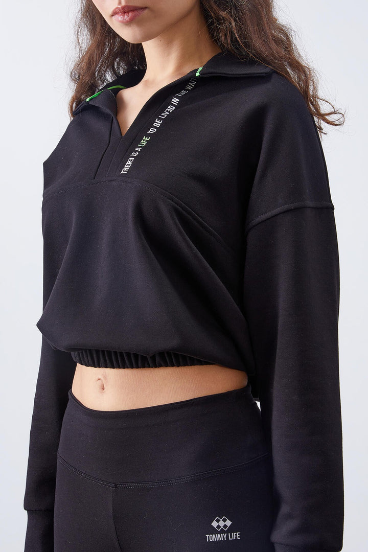 TMY Black Polo Neck Hem Ruched Women's Oversized Sweatshirt - 97180 - Town Country