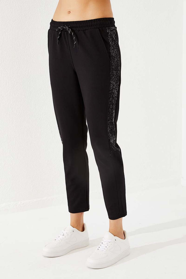 TMY Black Side Leopard Pattern Comfortable Fit Slim Leg Women's Sweatpants - 94572 - Madrid