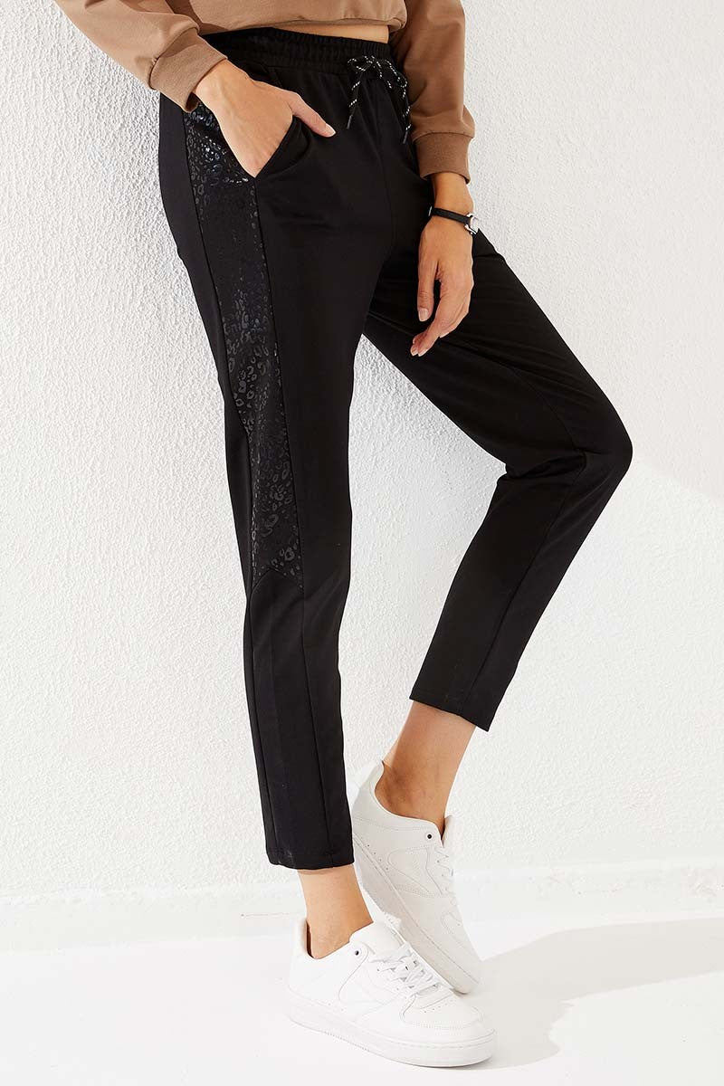 TMY Black Side Leopard Pattern Comfortable Fit Slim Leg Women's Sweatpants - 94572 - Madrid