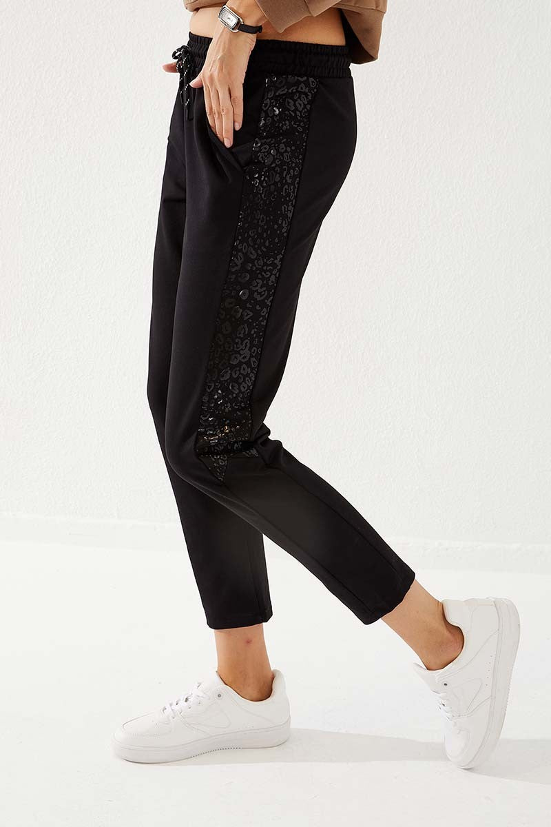 TMY Black Side Leopard Pattern Comfortable Fit Slim Leg Women's Sweatpants - 94572 - Madrid