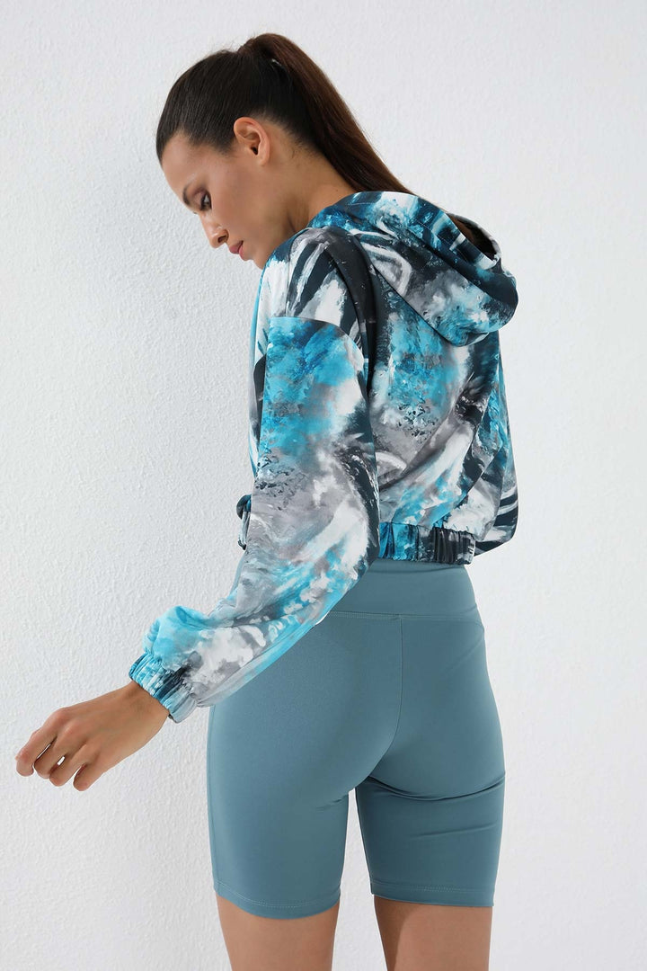 TMY Turquoise Mixed Tie-Dye Patterned Elastic Hooded Women's Oversized Crop Top Sweatshirt - 97140 - Vushtrri