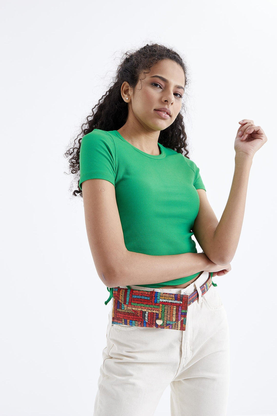 TMY Green Basic Ruched Crew Neck Women Crop Top T-Shirt - 97203 - Sterling Heights