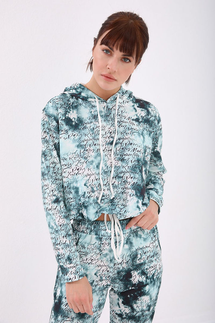 TMY Green Text Detailed Tie-Dye Pattern Comfortable Fit Cuffed Women's Tracksuit Set - 95277 - Saguenay