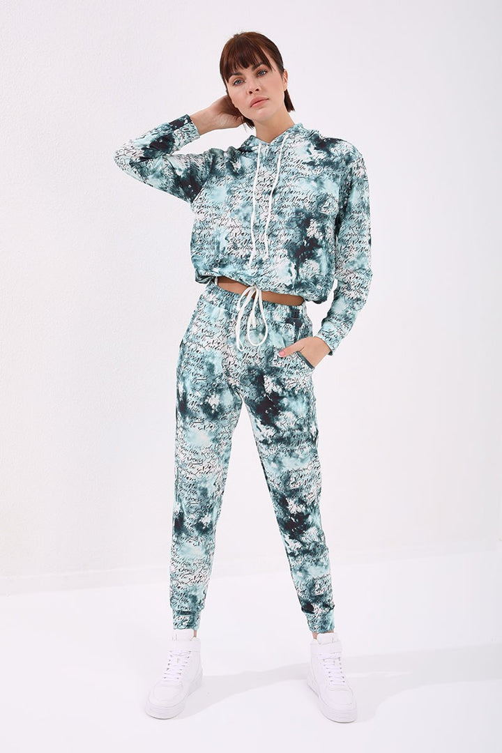 TMY Green Text Detailed Tie-Dye Pattern Comfortable Fit Cuffed Women's Tracksuit Set - 95277 - Saguenay