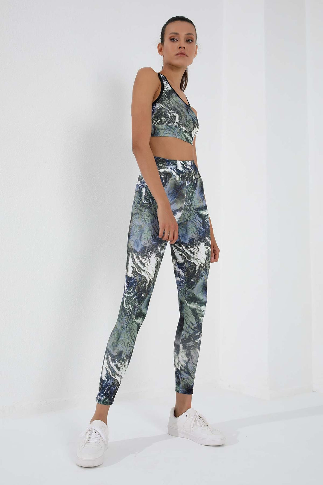 TMY Green Mixed Tie-Dye Pattern Slim Fit U Neck Women's Leggings Set - 95290 - Delta