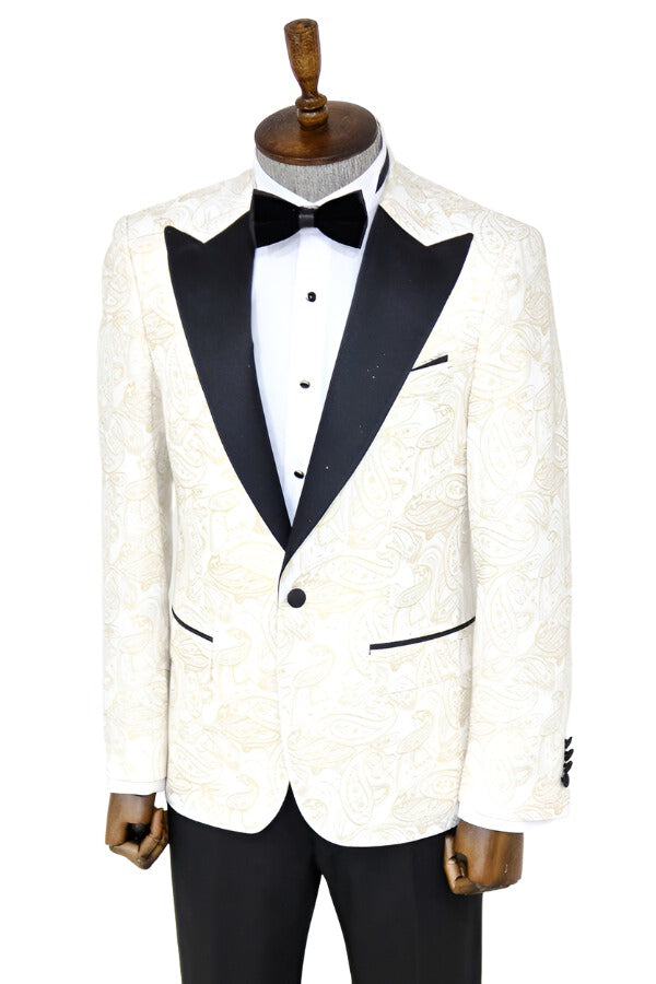 WSS Paisley Peak Lapel White Men Prom Blazer  - Singen