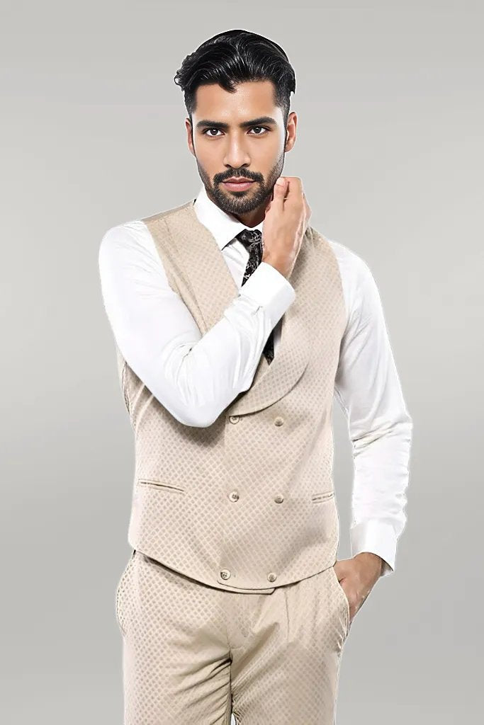 WSS Patterned Beige Vested Suit  - Singen