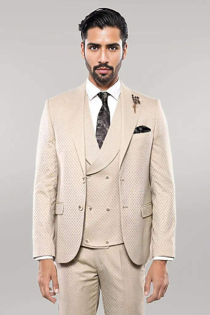 WSS Patterned Beige Vested Suit  - Singen