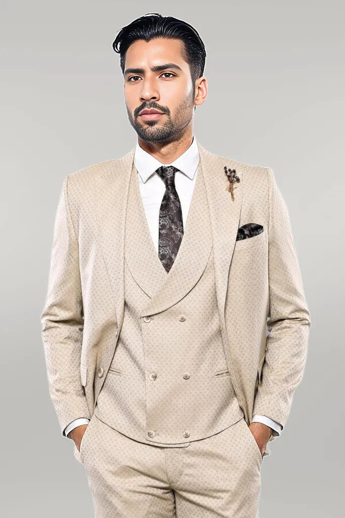 WSS Patterned Beige Vested Suit  - Singen