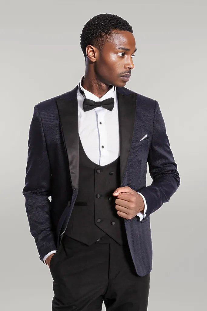 WSS Patterned Combined Navy Blue Men Tuxedo  - Singen