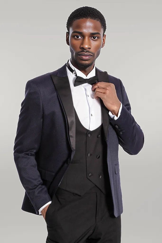 WSS Patterned Combined Navy Blue Men Tuxedo  - Singen