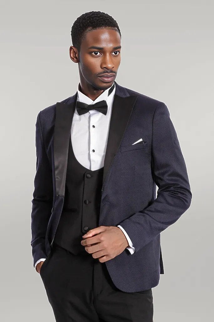 WSS Patterned Combined Navy Blue Men Tuxedo  - Singen