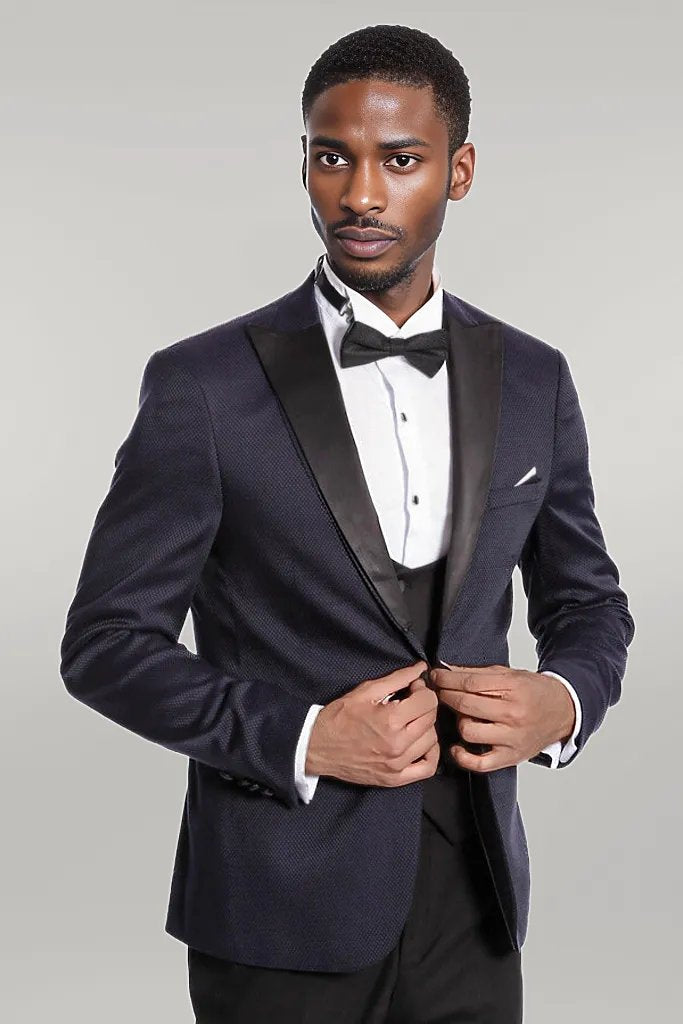 WSS Patterned Combined Navy Blue Men Tuxedo  - Singen