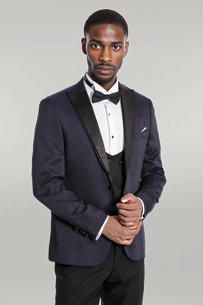 WSS Patterned Combined Navy Blue Men Tuxedo  - Singen