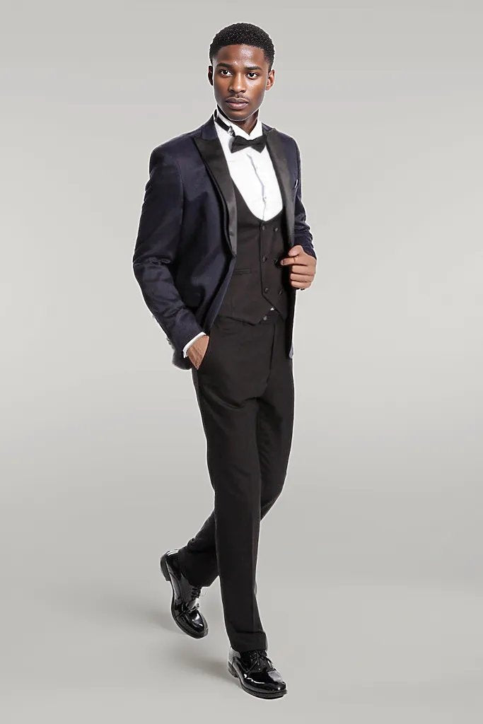 WSS Patterned Combined Navy Blue Men Tuxedo  - Singen