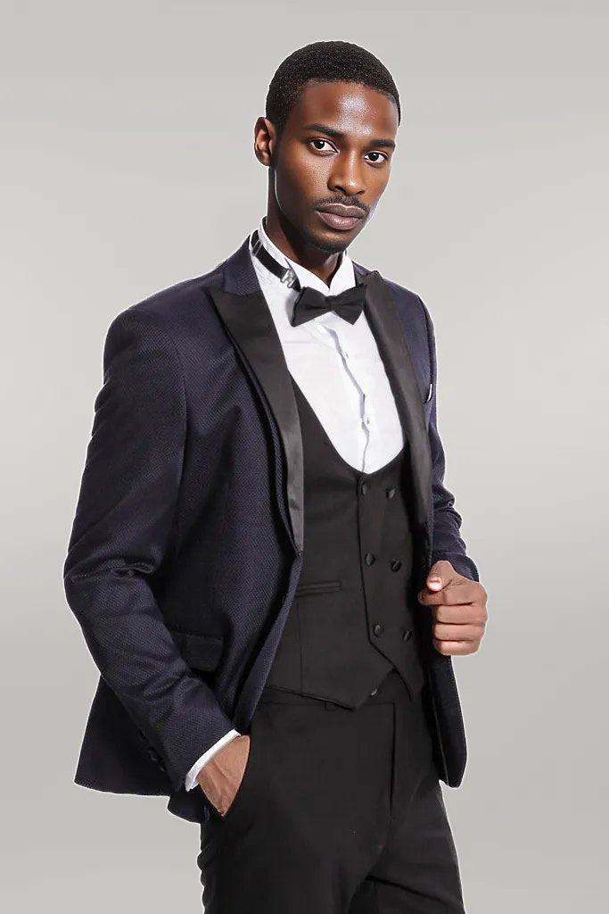 WSS Patterned Combined Navy Blue Men Tuxedo  - Singen