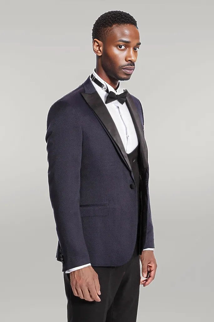 WSS Patterned Combined Navy Blue Men Tuxedo  - Singen