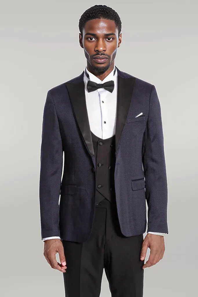 WSS Patterned Combined Navy Blue Men Tuxedo  - Singen