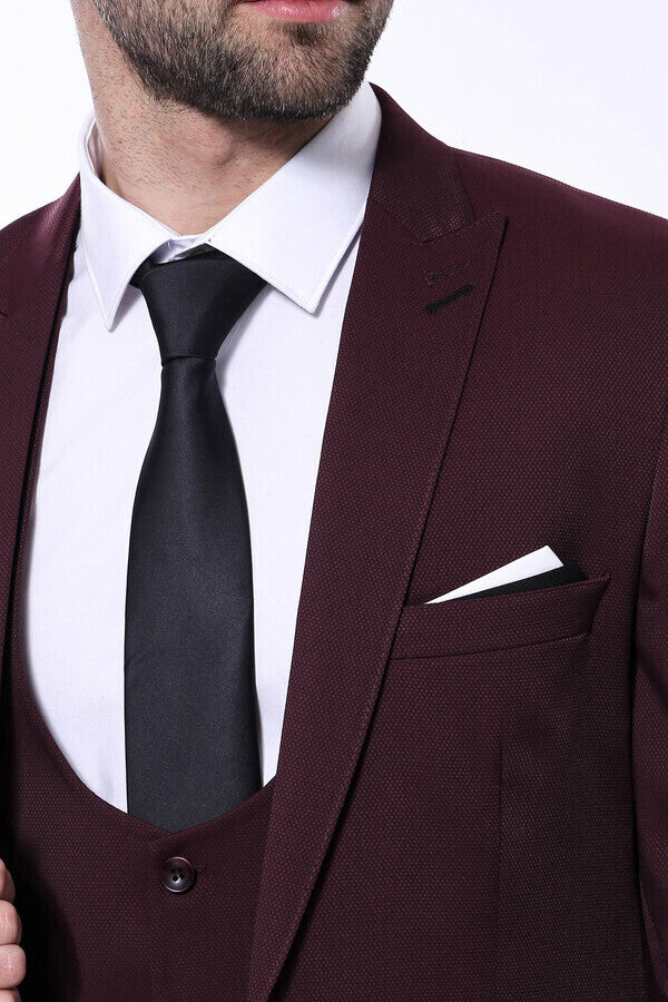 WSS Patterned Claret Red Vested Suit - Singen