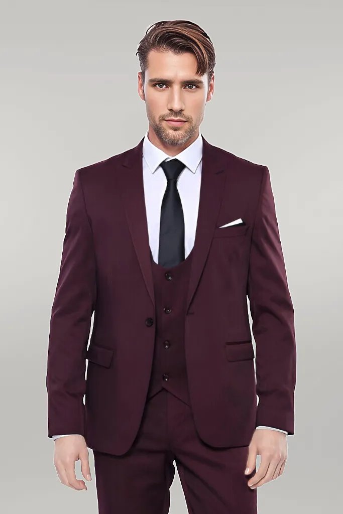 WSS Patterned Claret Red Vested Suit - Singen