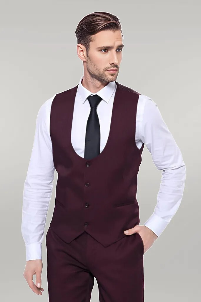 WSS Patterned Claret Red Vested Suit - Singen