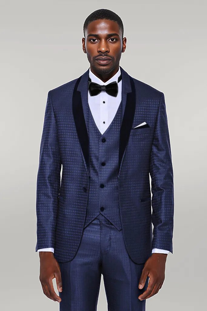 WSS Patterned Velvet Lapel Navy Blue Men Tuxedo  - Singen