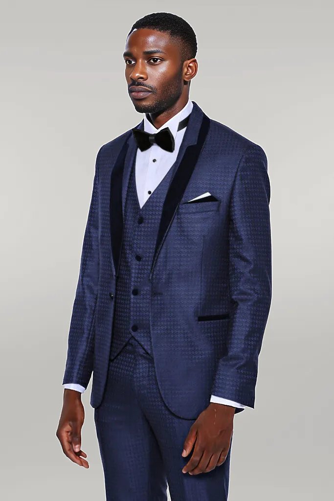 WSS Patterned Velvet Lapel Navy Blue Men Tuxedo  - Singen