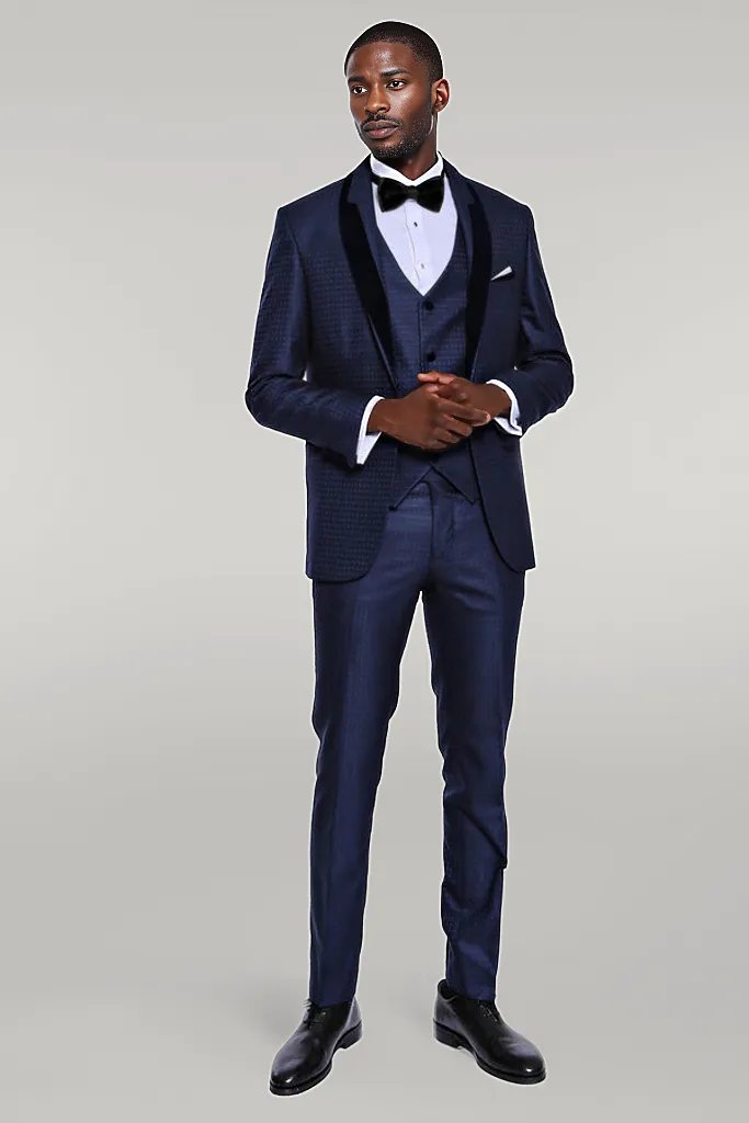 WSS Patterned Velvet Lapel Navy Blue Men Tuxedo  - Singen