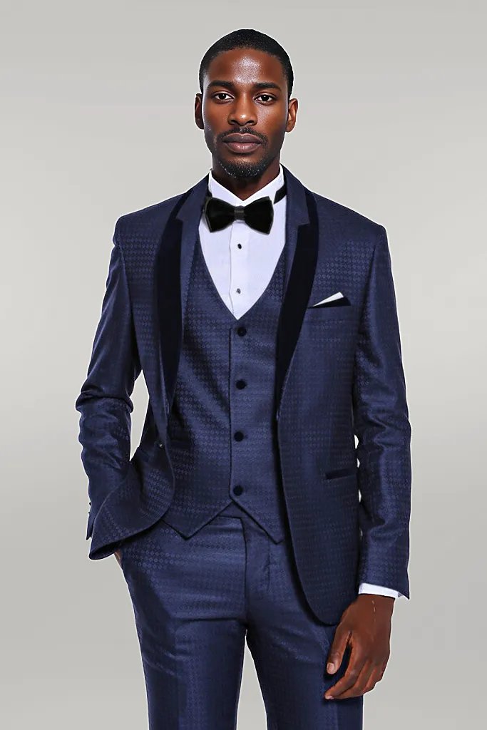 WSS Patterned Velvet Lapel Navy Blue Men Tuxedo  - Singen