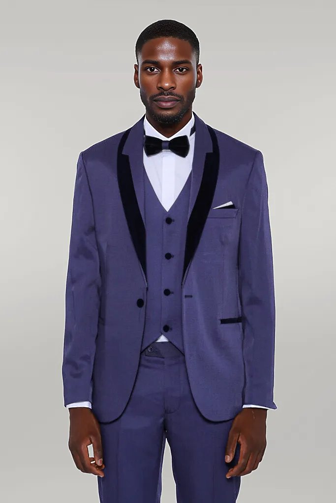 WSS Patterned Navy Blue Velvet Lapel Tuxedo  - Singen