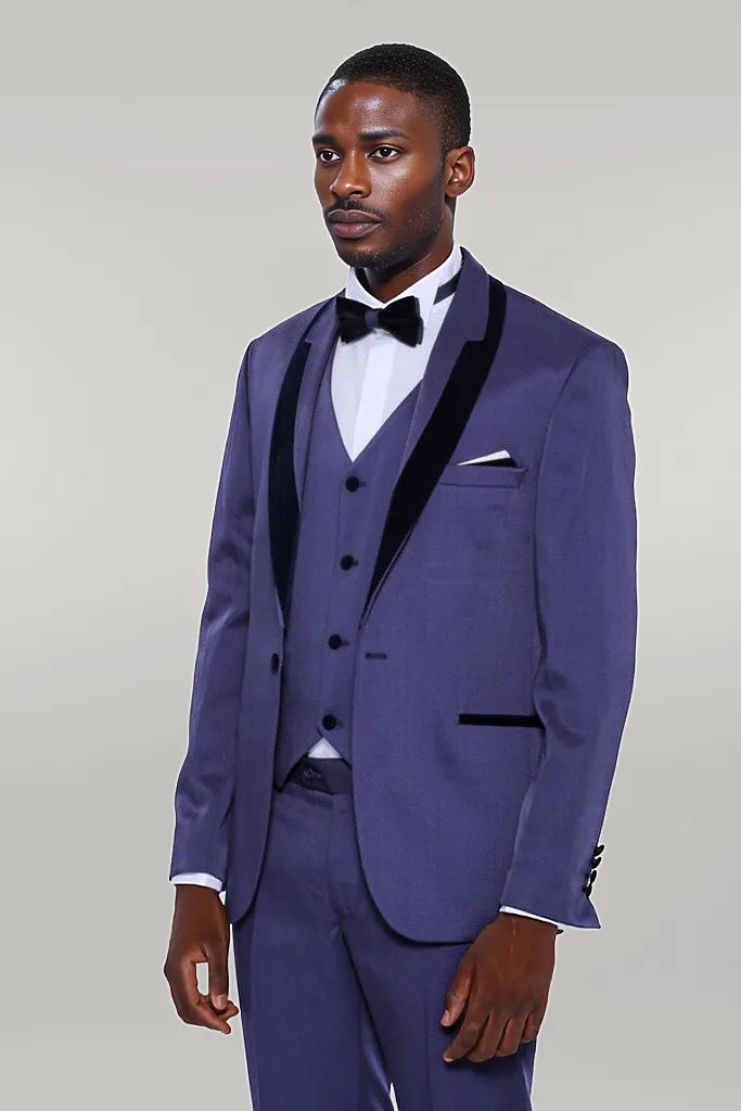 WSS Patterned Navy Blue Velvet Lapel Tuxedo  - Singen