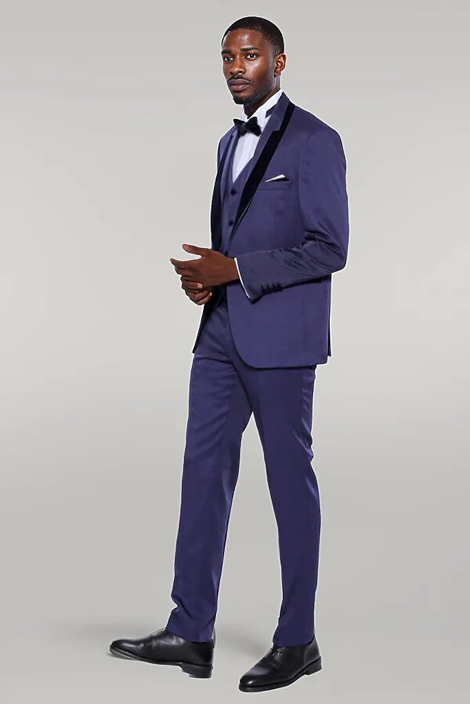 WSS Patterned Navy Blue Velvet Lapel Tuxedo  - Singen