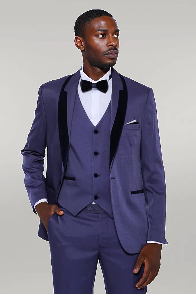 WSS Patterned Navy Blue Velvet Lapel Tuxedo  - Singen