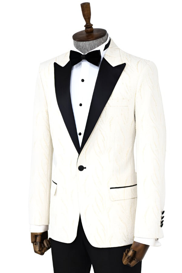 WSS Patterned Shiny White Men Prom Blazer  - Singen