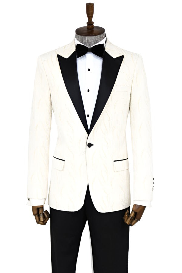 WSS Patterned Shiny White Men Prom Blazer  - Singen