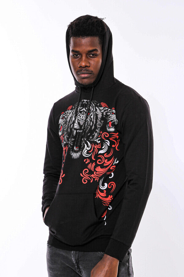 WSS Patterned Slim Fit Black Hooded Sweatshirt  - Singen