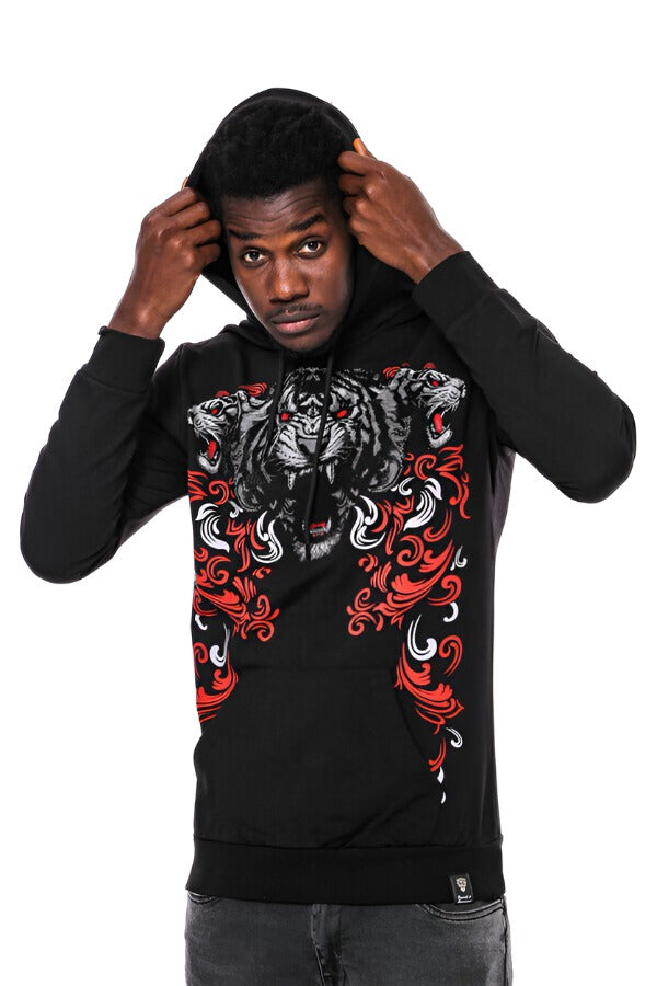 WSS Patterned Slim Fit Black Hooded Sweatshirt  - Singen