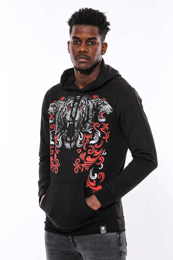 WSS Patterned Slim Fit Black Hooded Sweatshirt  - Singen