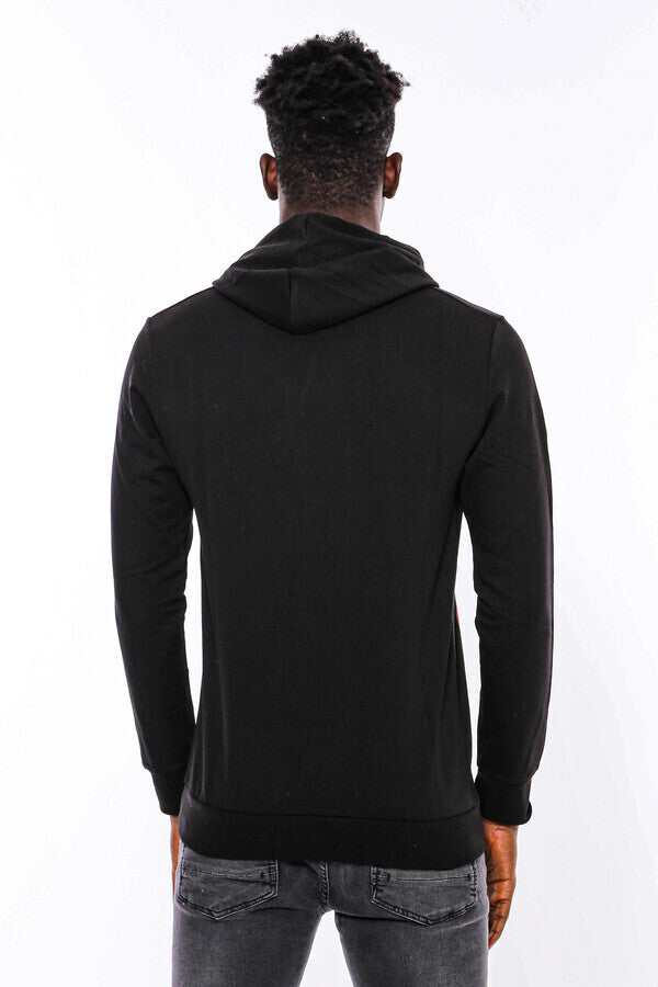 WSS Patterned Slim Fit Black Hooded Sweatshirt  - Singen