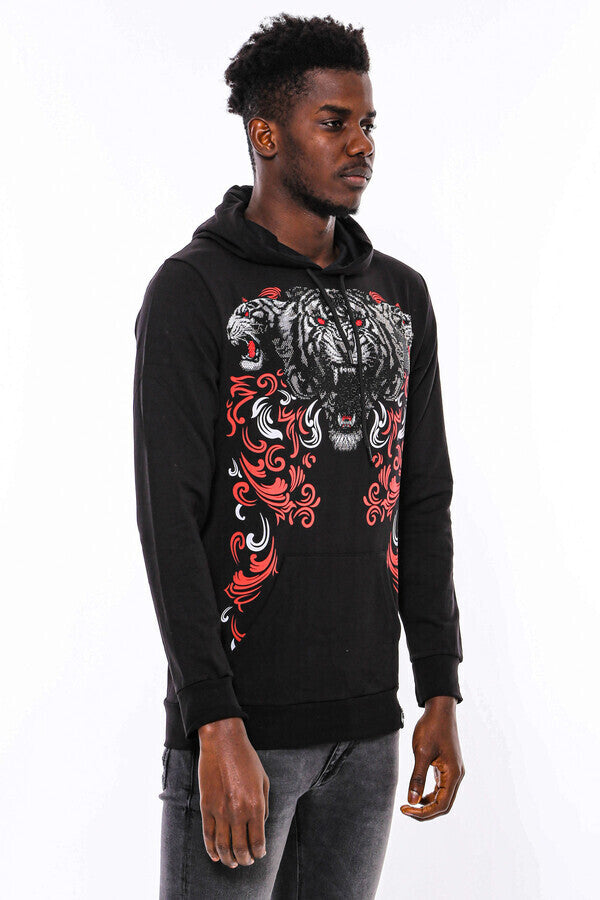 WSS Patterned Slim Fit Black Hooded Sweatshirt  - Singen