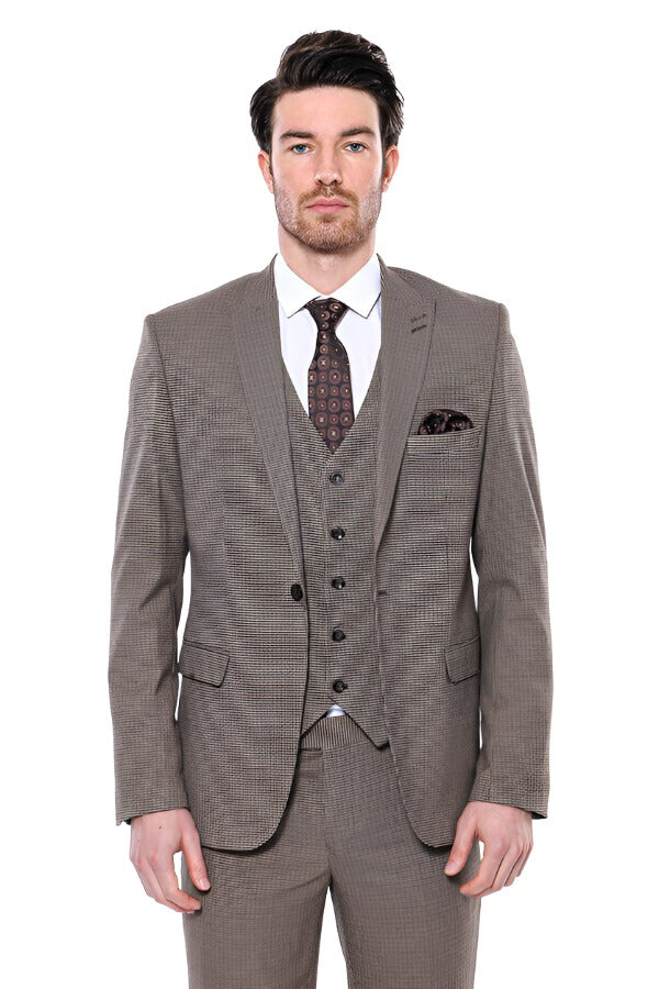 WSS Patterned Slim Fit Light Brown Men Blazer  - Singen