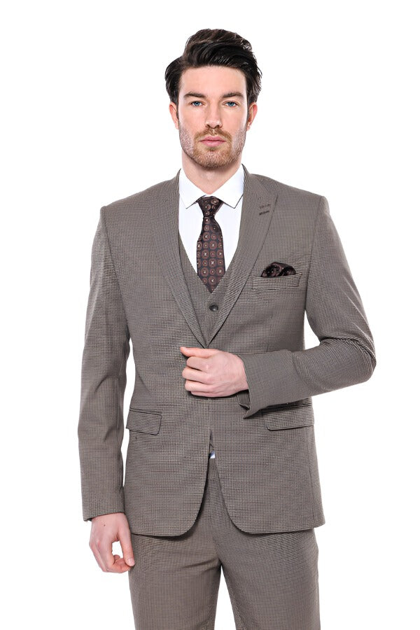 WSS Patterned Slim Fit Light Brown Men Blazer  - Singen