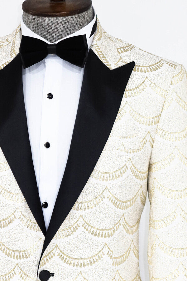 WSS Patterned Slim Fit White Men Prom Blazer  - Singen