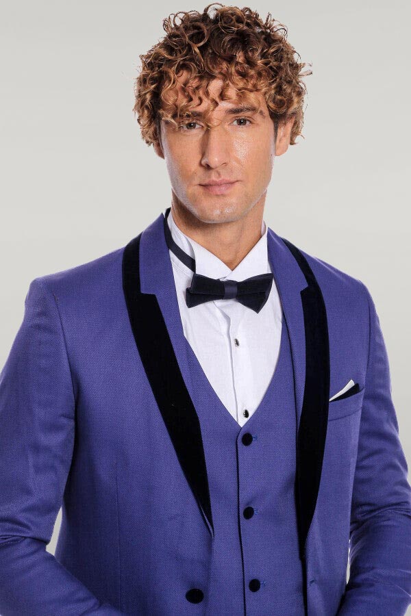 WSS Patterned Velvet Lapel Blue Men Tuxedo  - Singen