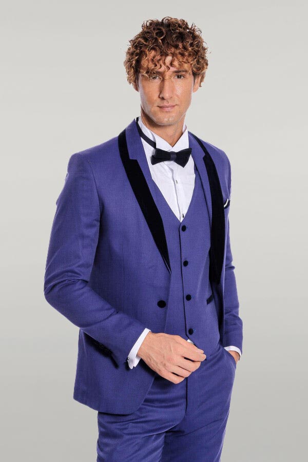 WSS Patterned Velvet Lapel Blue Men Tuxedo  - Singen