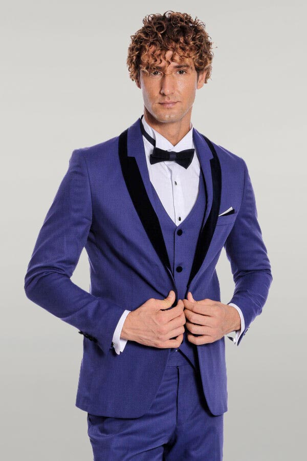 WSS Patterned Velvet Lapel Blue Men Tuxedo  - Singen