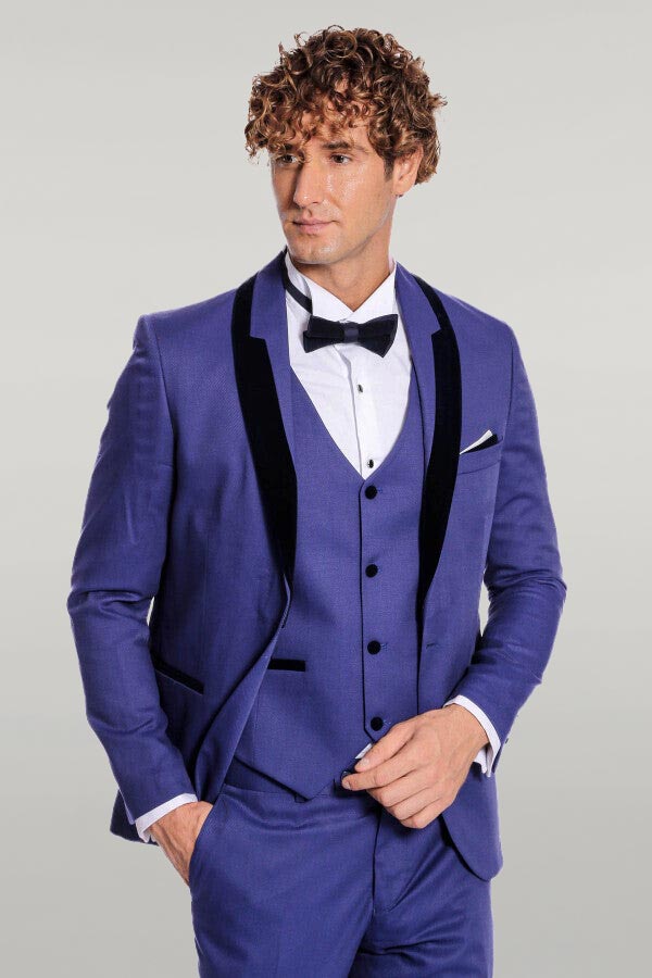 WSS Patterned Velvet Lapel Blue Men Tuxedo  - Singen