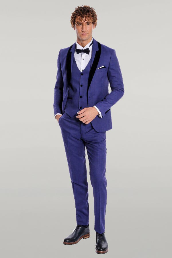 WSS Patterned Velvet Lapel Blue Men Tuxedo  - Singen